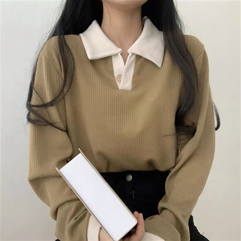 襟＆袖口差し色入りシャツ風ロングスリーブトップス